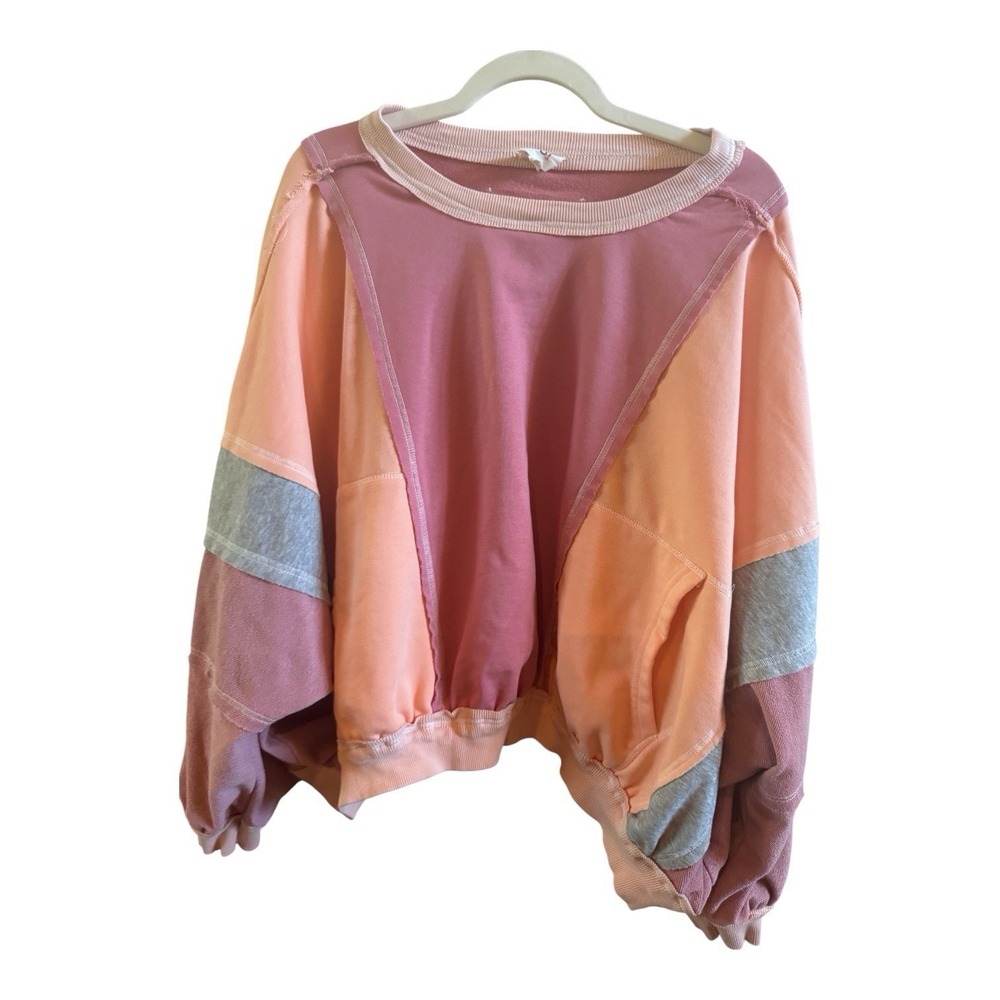 Bibi Retro Woman's Pink Peach Gray Colorblock Exposed Seam Sweatshirt Size Small